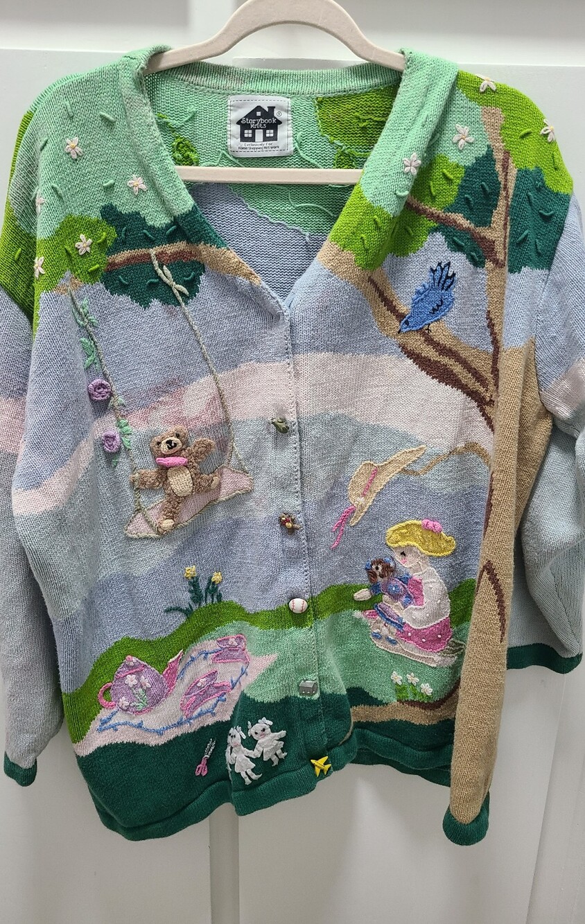 VTG Storybook Knits Park Scene Cottagecore Cardigan Sweater Theme Buttons Sz XL